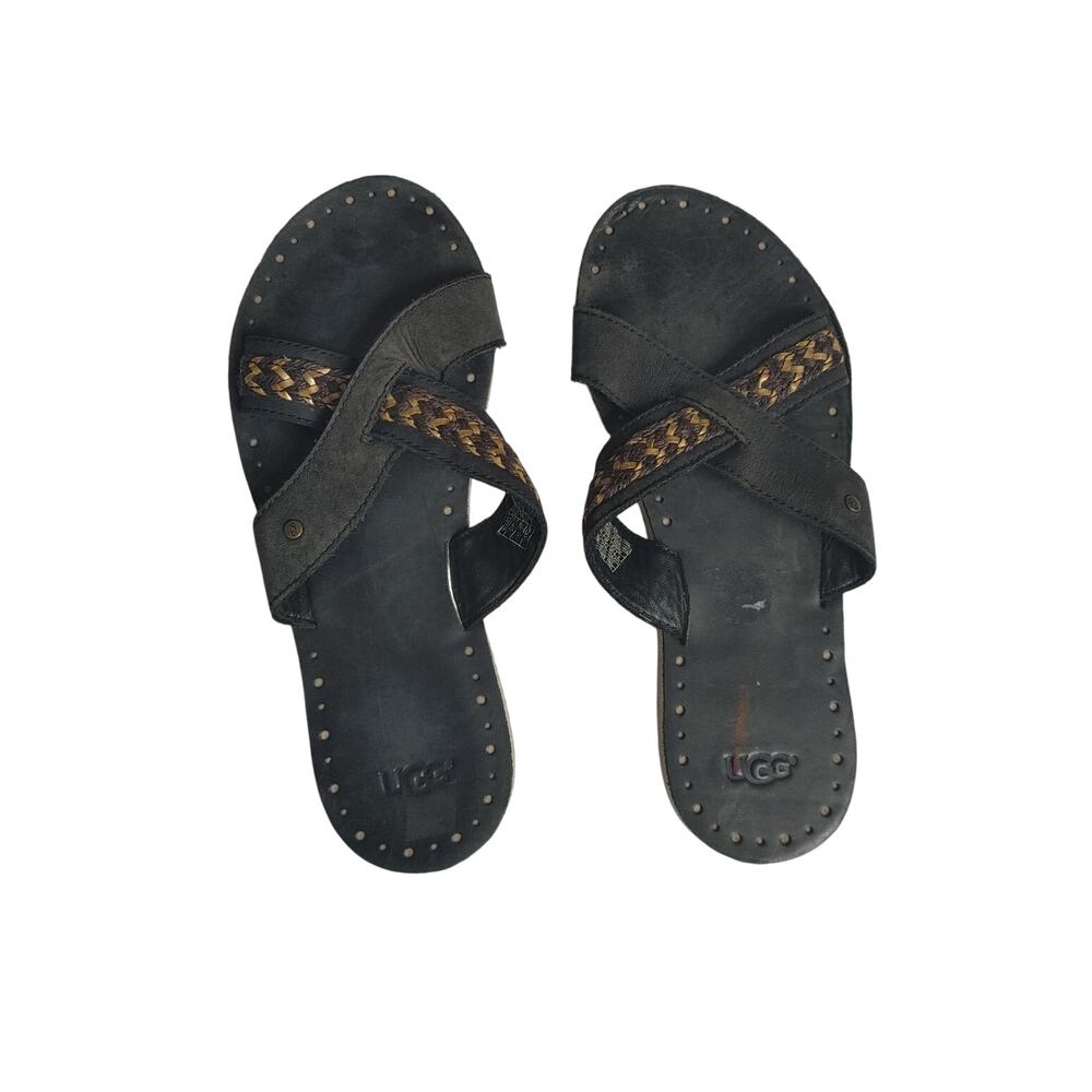UGG Women's Sandals Lexia Leather Sz 9 Braided Metallic Chevron Flats